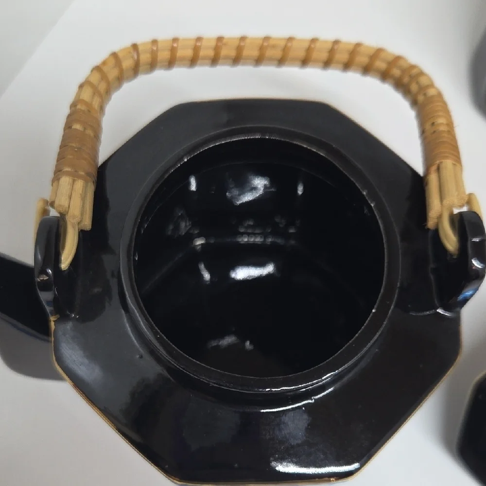 Vintage Black and Gold Floral Tea Set with Bamboo Handle